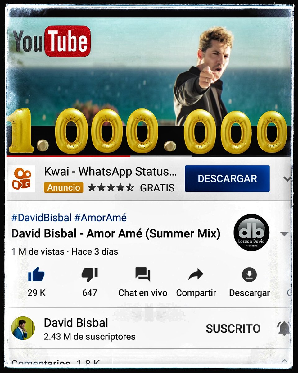 lorenadera_db's tweet photo. FELICIDADES!!! @davidbisbal #AmorAmé ya tiene en #youtube más de 1 MILLÓN de views 🎉🎉🎉
#davidbisbal #entusplanesdb @locasxdavid @umargentina @universalspain. https://t.co/Cti8V6h1fd