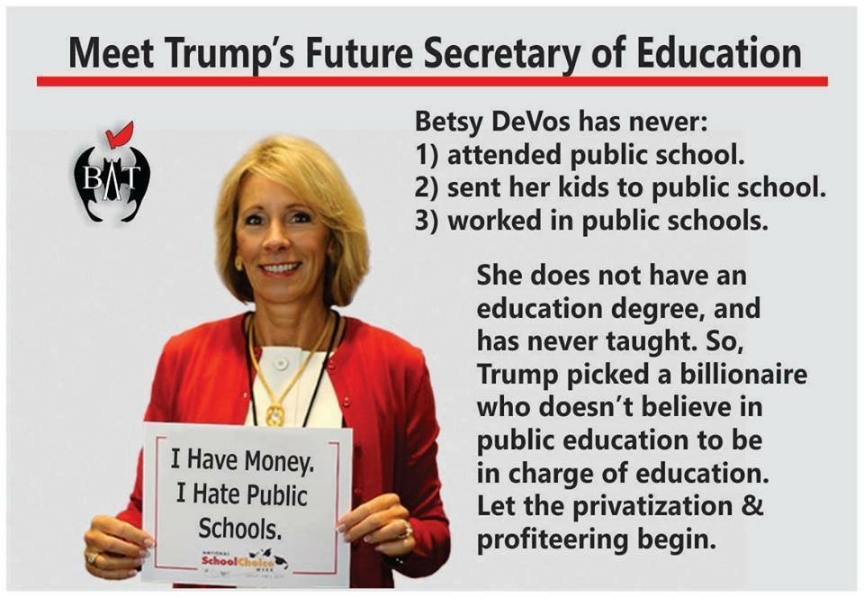 TeriMcGill's tweet image. She has been acting this way from the beginning! She has never supported public schools ... she is a billionaire who only serves the rich. #DeVosMustGo #FireDeVos #BetsyDeVosStupid #UNFIT #UnfitForOffice #BetsyDeVosUnqualified #Unqualified #Incompetent #IncompetenceKills 👎🏼👎🏾👎