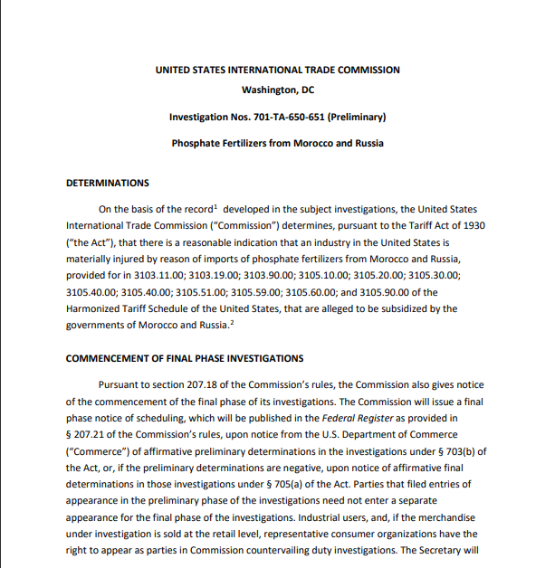 LGarcia_Reports's tweet photo. US ITC today issued a prelim determination there is a "reasonable indication" of material injury to the US from Moroccan and Russian #phosphate imports. ITC will release a full report on 17 Aug.  #fertilizer #Fertecon @IHSMarkitAgri https://t.co/ZgHMUTZiAN