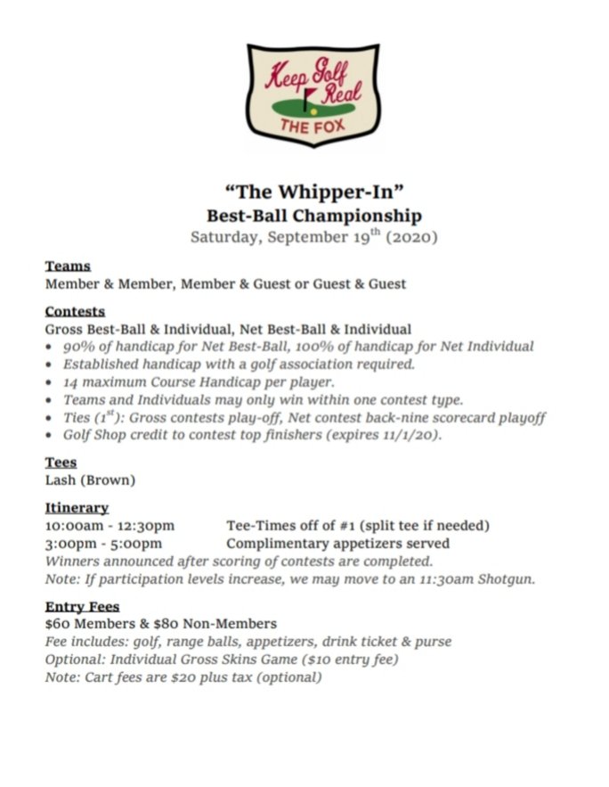 FVGCTheFox's tweet photo. SAVE THE DATE
"The Whipper-In" 
Best-Ball Championship
Saturday, September 19th (2020) https://t.co/kMBFIHQFrZ