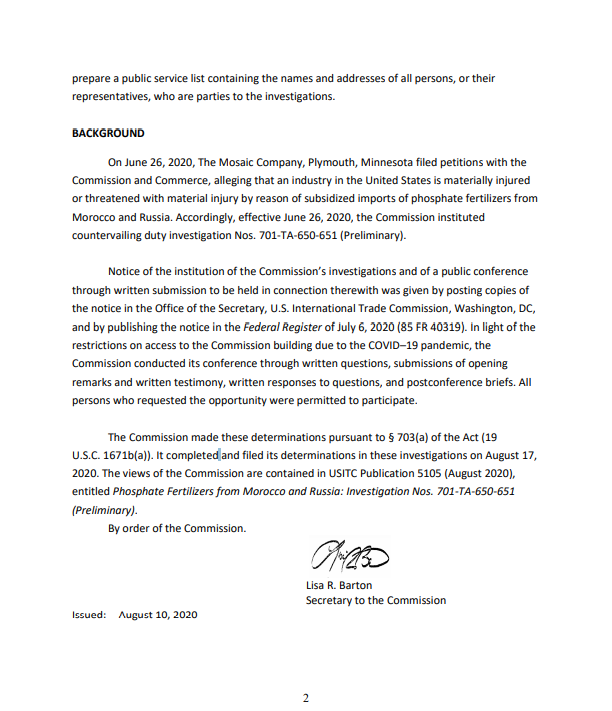 LGarcia_Reports's tweet photo. US ITC today issued a prelim determination there is a "reasonable indication" of material injury to the US from Moroccan and Russian #phosphate imports. ITC will release a full report on 17 Aug.  #fertilizer #Fertecon @IHSMarkitAgri https://t.co/ZgHMUTZiAN