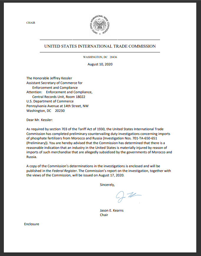 LGarcia_Reports's tweet photo. US ITC today issued a prelim determination there is a "reasonable indication" of material injury to the US from Moroccan and Russian #phosphate imports. ITC will release a full report on 17 Aug.  #fertilizer #Fertecon @IHSMarkitAgri https://t.co/ZgHMUTZiAN