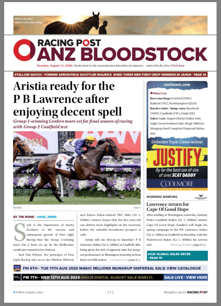 anz_news's tweet photo. 🐎 Grp1 winner #Aristia ready to return in the #PBLawrence Stakes @FirstLight_FLR @ellertonzahra 

👑 The latest Stallion news in #StallionWatch 

🐴 All of the latest news from @macauracingclub 

This + more in today’s ANZ
Read ➡️ https://t.co/Ze6mk0lM3v https://t.co/tVJDX3sfTV
