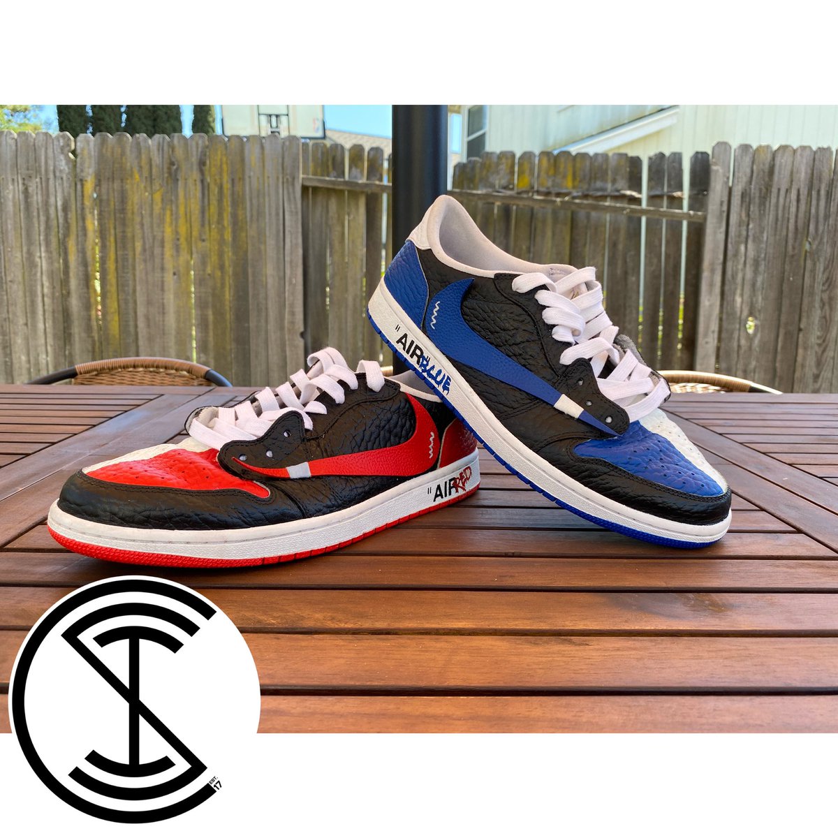 is_customs's tweet photo. Travis Scott, Off-White, Bred, Black Toe, Fragment, Royal, and Homage To Home, all in ONE pair of shoes. #Isaihastuartcustoms @AngelusDirect @AngelusBrand https://t.co/R2t0TCL9rd