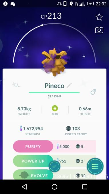 SEspurr's tweet photo. But almost even more exciting than the shiny Mareep I got today, is this beauty that I found in Pokémon Go! After over 700 grunts defeated, so roughly 120 leaders, I finally got a shadow shiny! Shadow Pineco, courtesy of Arlo. Really stoked about this one! https://t.co/G5zpSFSc5u