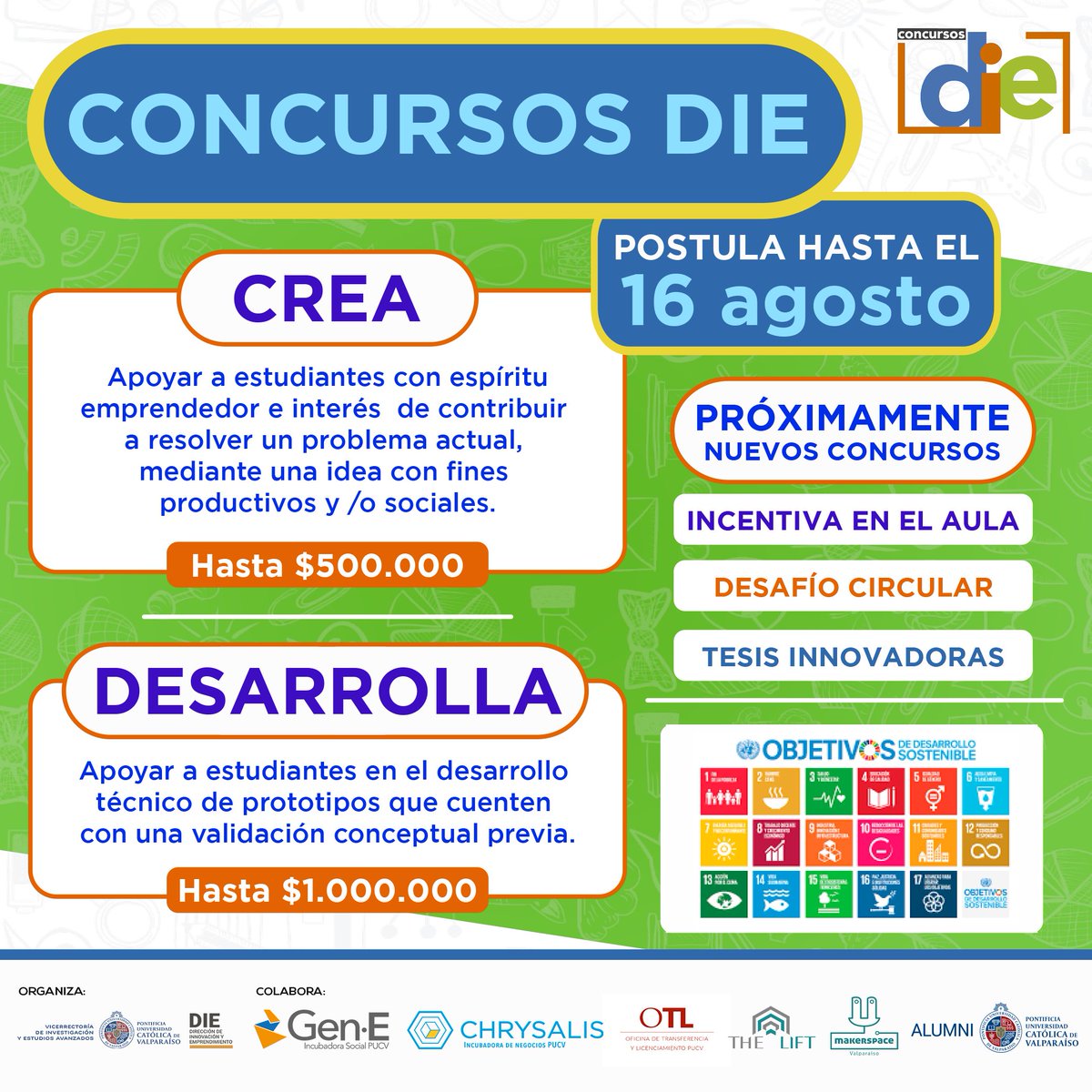 pucv_cl's tweet photo. ¡Atención #ComunidadPUCV y #CFTPUCV!
Ya están abiertos los Concursos DIE 2020 que financian proyectos de innovación y emprendimiento para estudiantes PUCV y CFT PUCV en sus dos categorías:
💡 CREA
🚀 DESARROLLA
Más detalles de los concursos en 👉 https://t.co/LA42Z1N6D1 https://t.co/Z91NvrNTOX