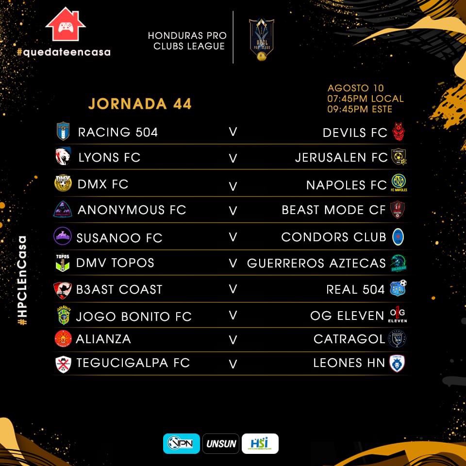 LINAHonduras504's tweet photo. ¡Las Jornadas de hoy en #HondurasProClubsLeague!
🇭🇳 🎮 ⚽️
Jornadas 43, 44 & 45.
Partidos arrancan a las 🕢 7:20pm
Recta Final de las vueltas regulares
#QuédateEnCasa #eSportsHonduras #VirtualProNetwork #ProClubs #FIFA20 #eSports #FIFAHonduras #VPNHonduras #LINAXBOX #HPCL https://t.co/jQA4WvY7Gd