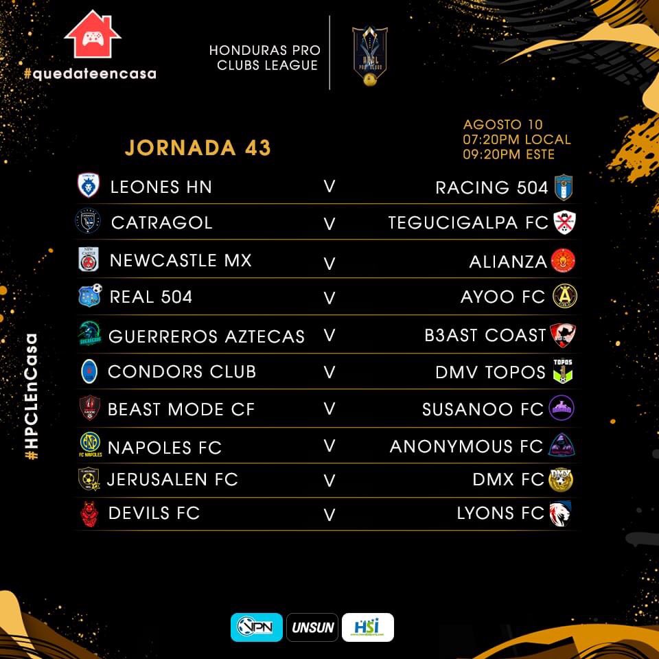 LINAHonduras504's tweet photo. ¡Las Jornadas de hoy en #HondurasProClubsLeague!
🇭🇳 🎮 ⚽️
Jornadas 43, 44 & 45.
Partidos arrancan a las 🕢 7:20pm
Recta Final de las vueltas regulares
#QuédateEnCasa #eSportsHonduras #VirtualProNetwork #ProClubs #FIFA20 #eSports #FIFAHonduras #VPNHonduras #LINAXBOX #HPCL https://t.co/jQA4WvY7Gd