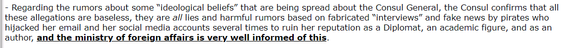 Now if you look at the consulate itself as well as the statement online, you'll see some interesting language about the consul, Abir Taha Audi, being a Nazi in the first instance and about her “ideological beliefs” in the second. https://twitter.com/nhatassi/status/1292201281797398532