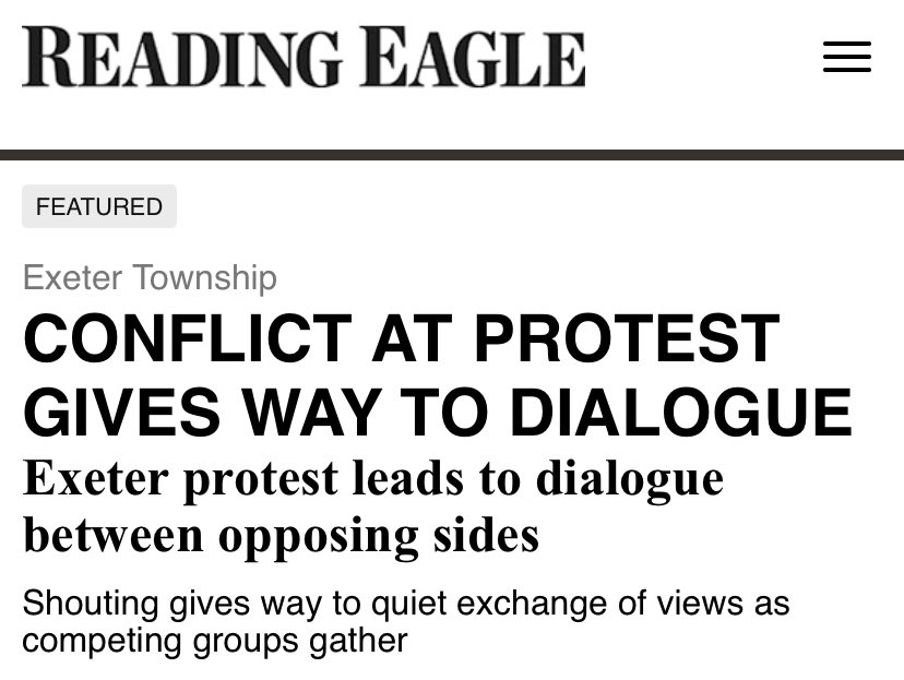 I was protesting yesterday and I had a great time talking to both parties. We are all Americans whenever we sit down and talk we get things done. If we scream at each other no one listens. United we stand Divided we fall. “BE THE CHANGE “.<a href="/KutztownASD/">Kutztown Area School District</a> <a href="/WilsonSchlDist/">Wilson School District</a> <a href="/exeter_shs/">Exeter Township High School</a>