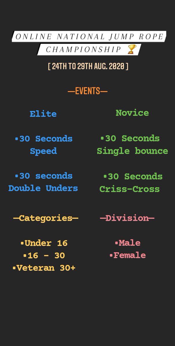 Jump_Rope_india's tweet photo. Online National Jump Rope Championship 2020 will be on 24- 29, August, 2020. #jumpropeforall #jumplikeus https://t.co/7E9O9boKbG #jumpropeindia #jumprope #IndianJumpers #letsjumprope https://t.co/B0kHQlI8ML