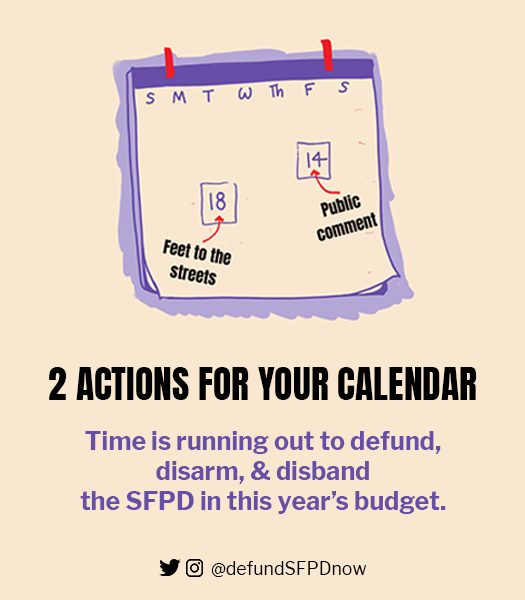 DefundSFPDnow's tweet photo. Mark you calendars - two BIG actions coming up! 08/14 one of the LAST public comments to let BOS know what we think about the budget (hint: it's dangerous! #BlackLivesMatter )

08/18 In-person 6PM action - more info to come.

RSVP 08/14 public comment: https://t.co/x7aaS29LG8 https://t.co/BPyHotfoLE