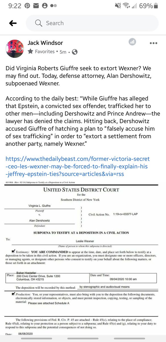  #victoriasecret  #Wexner accused by  #AlanDershowitz as being a part of extortion scam.A federal judge orders records unsealed in accuser  #Giuffre's litigation.Include letters by Giuffre,  #Dershowitz & Wexner & Wexner family's attorney John  #Zeiger #Ohio https://www.bloomberg.com/amp/news/articles/2020-08-10/leslie-wexner-subpoenaed-by-dershowitz-in-epstein-accuser-s-suit?__twitter_impression=true