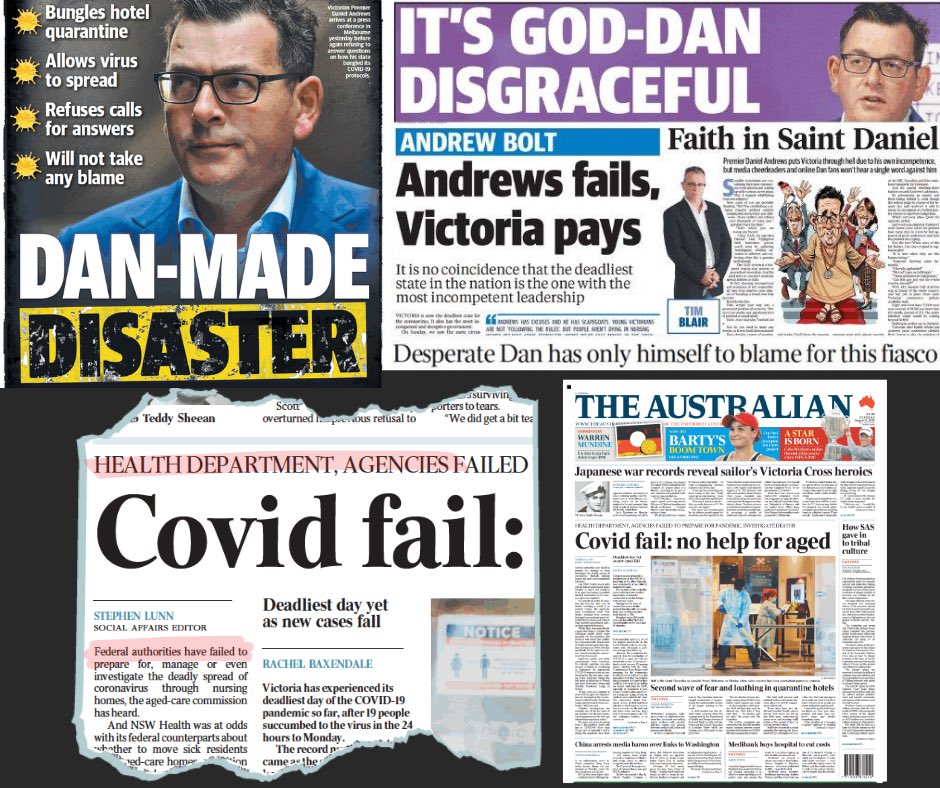 MrKRudd's tweet image. The Murdoch method: Morrison's failure to prepare the aged care sector is a failure by anonymous federal bureaucrats. Meanwhile, in Victoria, all the blame is attributed to @DanielAndrewsMP personally. Murdoch and his editors operate one giant protection racket for the Liberals.