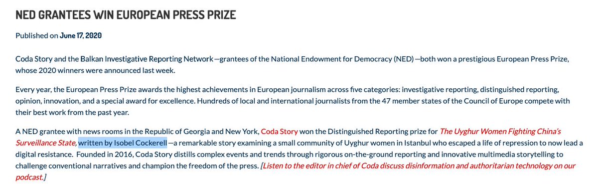 Coda Story's Isobel Cockerell is also following the US regime script, smearing skeptics of official Cold War propaganda on Xinjiang w/o disputing their facts.Cockerell was recognized by the US govt's NED & honored by tech oligarchs (Luminate = Omidyar).  https://twitter.com/isocockerell/status/1291760749476552705