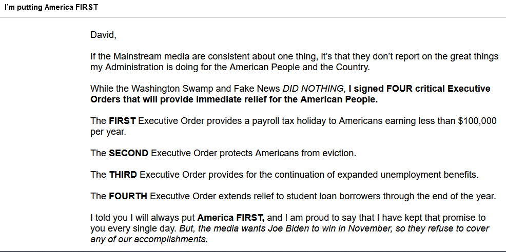 6/24 This was just the tip of the iceberg, though. Trump went on to "sign four Executive Orders", as his campaign has been claiming far and wide in solicitation e-mails.Here are two that were in my own e-mail box: