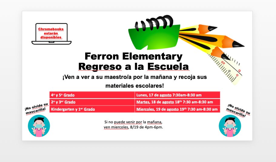 FerronFalcons's tweet photo. Student materials and Chromebook deployment on 8/17-8/19. Read attached flyer for more information. https://t.co/oMT59OAGe5