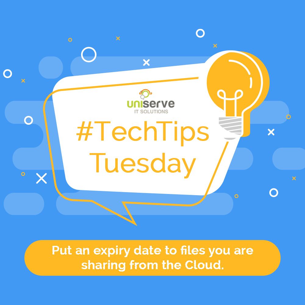 UniserveIT's tweet photo. Sensitive and confidential data shouldn’t live on the internet for too long. Set up a time limit your file is available online for the security of everyone.
Visit https://t.co/778Fxo5Dna for more tech tips!
#TechTipsTuesday #datasecurity #sharedlink #filesharing #datasharing https://t.co/HBHHRfO24r