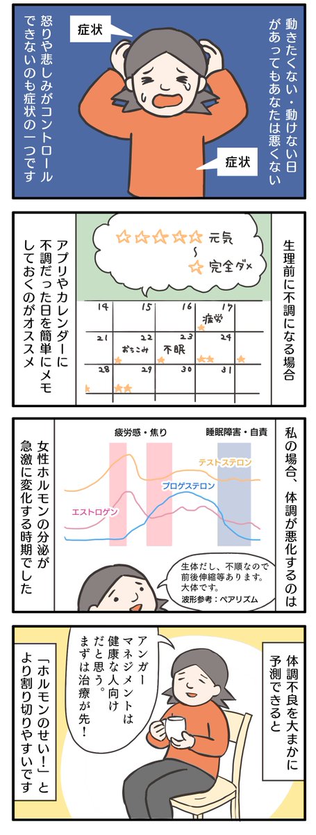 持病の話その8
ホルモンの症状は、不調の波をとらえるのが大事。
でも、周囲の人を傷つけていい免罪符になる訳じゃないよ、という自戒をこめた話はブログで↓
https://t.co/h9Fp4LkMyU
#バセドウ病とPMS #漫画が読めるハッシュタグ 