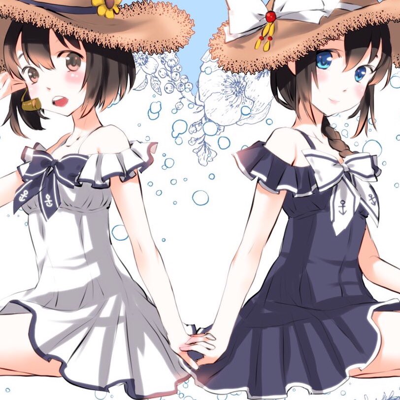 shigure (kancolle) ,yukikaze (kancolle) multiple girls 2girls hat dress speaking tube headset blue eyes straw hat  illustration images