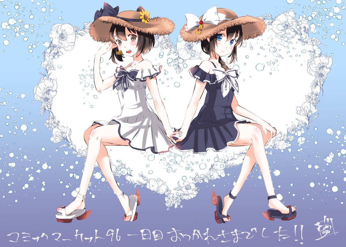 shigure (kancolle) ,yukikaze (kancolle) multiple girls 2girls hat dress speaking tube headset blue eyes straw hat  illustration images