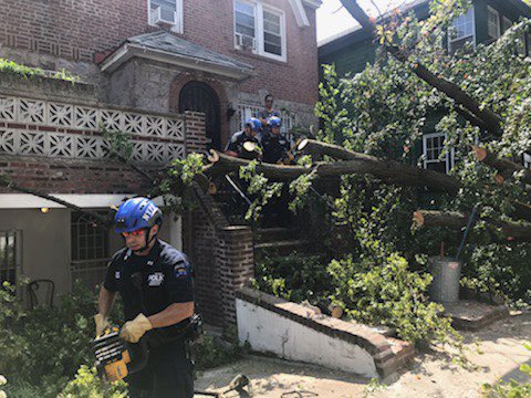 NYPDSpecialops's tweet photo. As #NYC recovers from the effects of Tropical Storm #Isaias, #ESU members continue to assist @NotifyNYC &amp; @NYCParks in clearing major streets and residential houses impacted by downed trees. As always, teamwork gets the job done. https://t.co/uwwK2jiIPn