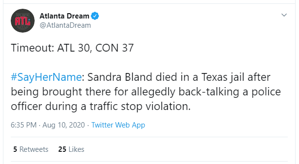MatHelman's tweet photo. The outstanding @AtlantaDream of the @WNBA is using its score updates on Twitter to also offer important #SayHerName reminders.

#BlackLivesMatter #BlackWomenMatter #BlackTransLivesMatter

#BreonnaTaylor #SandraBland #KaylaMoore 

#OneCityOneDream #GoDream #WNBA #WNBATwitter https://t.co/BY0nP7WxVM