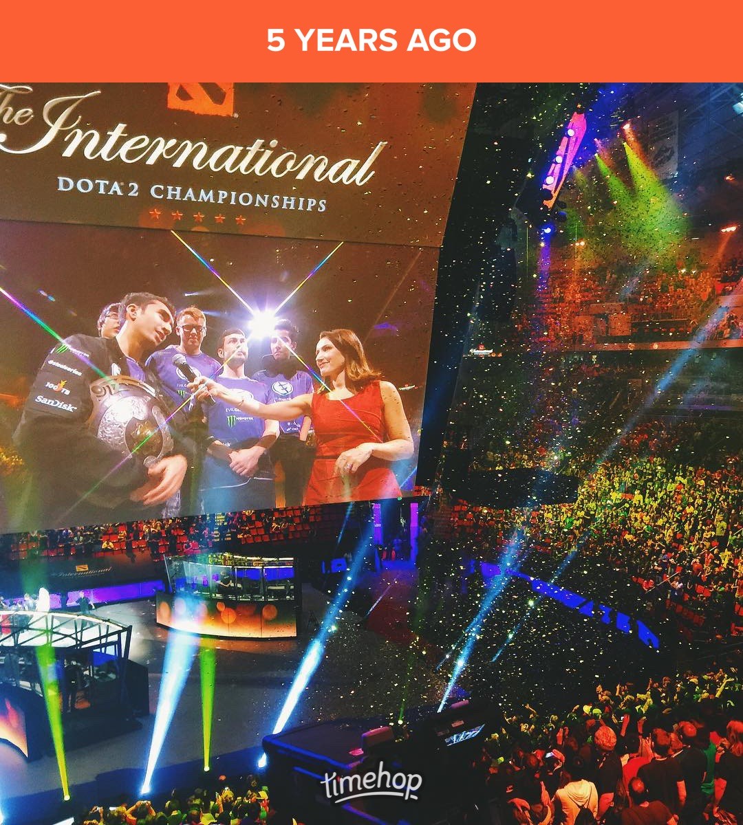 Look at all that confetti- and a victorious <a href="/EvilGeniuses/">Evil Geniuses</a> at #TI5 ! Been tapping into some of the files of our awesome TI social media staff to find some gems- share your pics of #TINostalgia too in honor of August! #Dota2