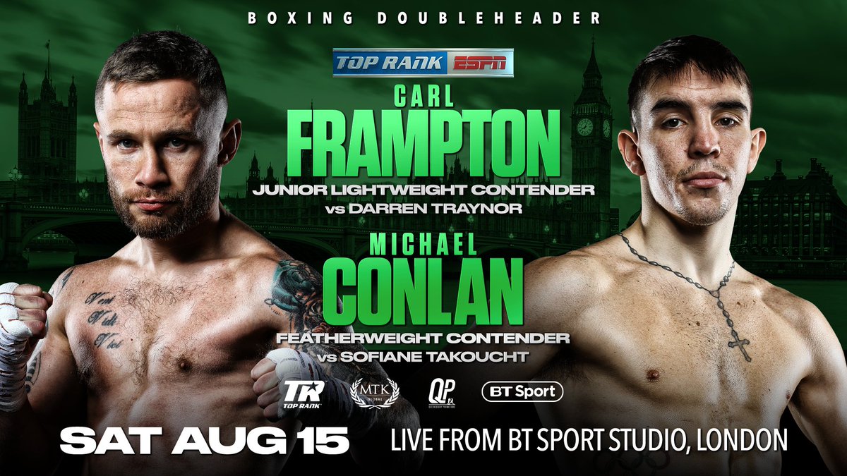 Triller_TV's tweet photo. UPDATE:

@RealCFrampton will see action on Saturday but has a new foe in (16-3) #DarrenTraynor.

@mickconlan11 faces tough Frenchman, #SofianeTakoucht (35-4-1)

Can these two continue on their path to the top?

Available in select INT markets on #FITE

🥊 https://t.co/Fv9SfKAh4d https://t.co/iec8ZwQDXr