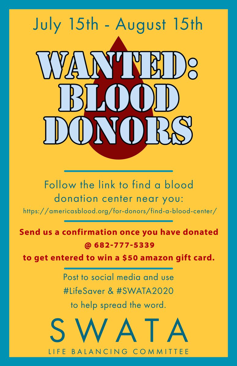 SWATA_LBC's tweet image. It’s the last push for our blood drive!!! Who’s a #LifeSaver?!?! Let’s go #SWATA2020! Please text, call, and/or tag us for a chance to win a $50 Amazon gift card!