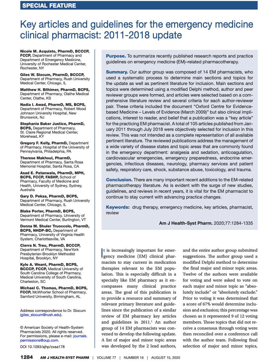 Congrats to the authors on this monumental, 52-page summary of 105 articles deemed important for the practicing EM pharmacist in <a href="/AJHPOfficial/">AJHP</a>