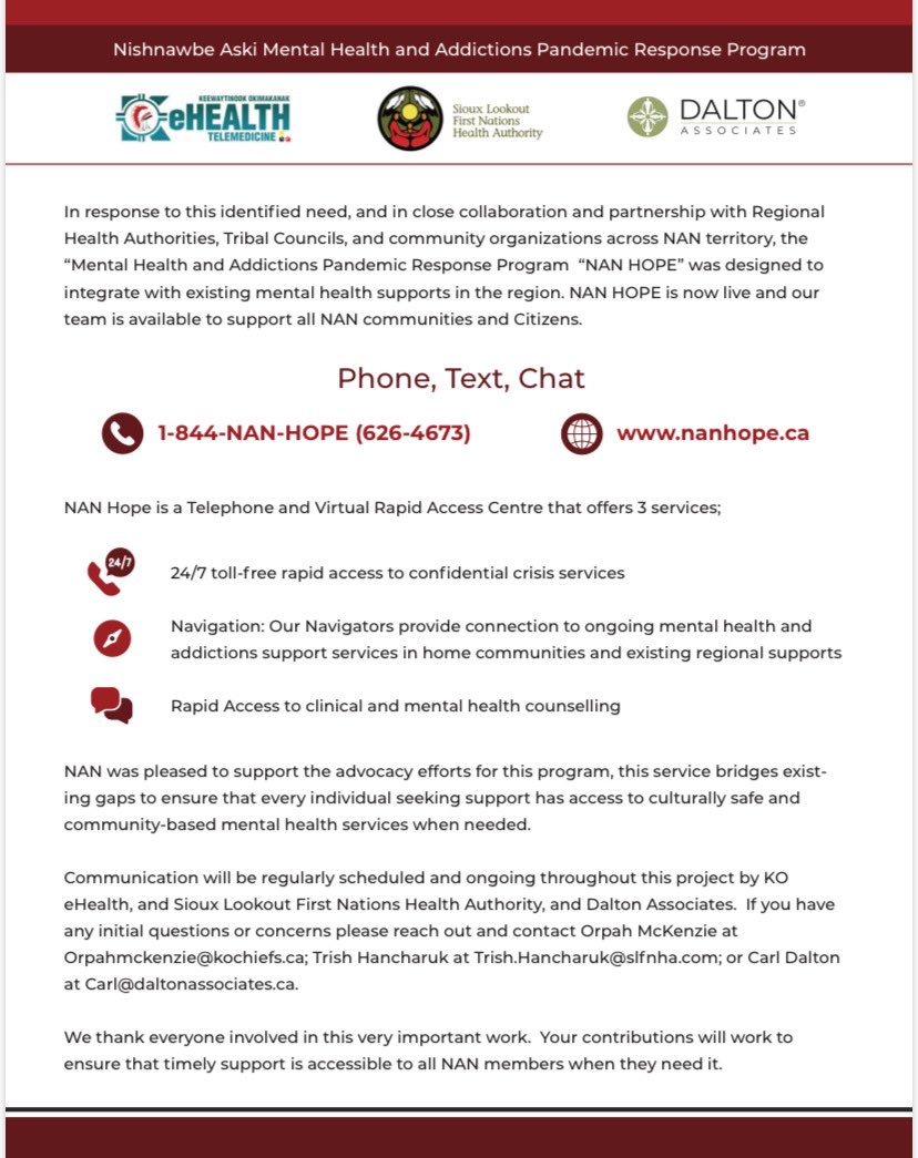 The pandemic has taken an enormous toll on the health &amp; wellbeing of our communities &amp; has exacerbated the gap in mental health services.  Today, we are happy to announce that all NAN citizens, both on and off-reserve, can access a 24/7 Mental Health Crisis Line.