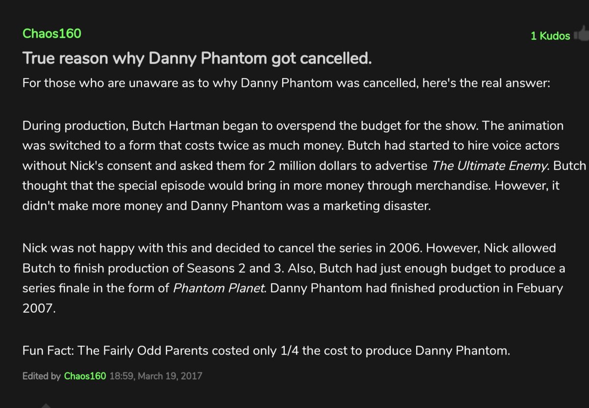 Danny phantom This shows cancelation has more to do with butch hartman over spending the budget and hiring voice actors without consent of Nickelodeon