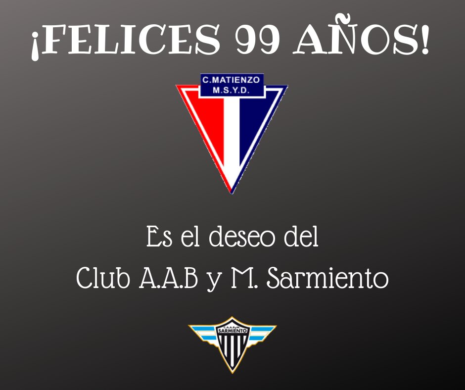 ¡Feliz aniversario <a href="/clubmatienzomb/">MATIENZO MONTE BUEY</a>!

Es el deseo de todo el Club Sarmiento en este año rumbo al centenario.