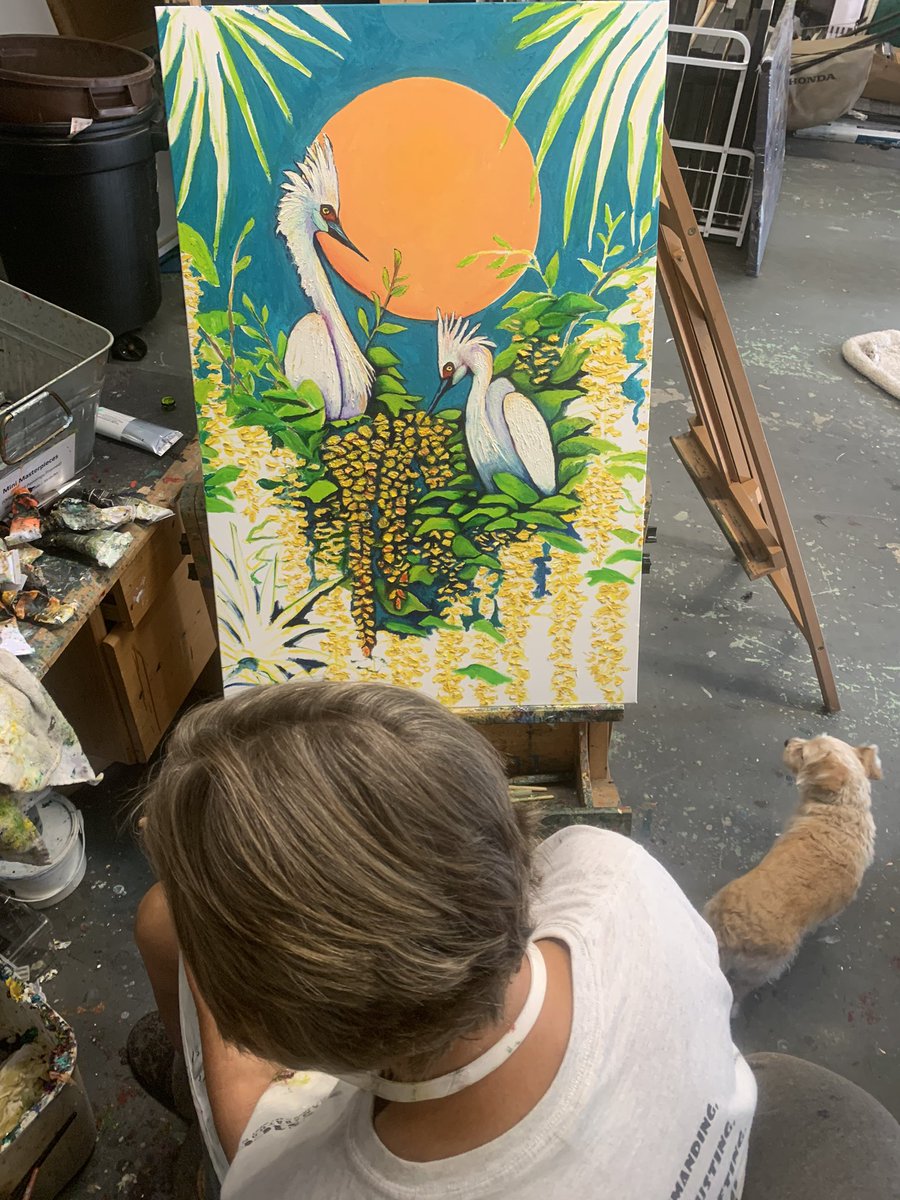 ArtMcquinn's tweet photo. Linda still working on her New Oil Painting, a 24x36”, Gallery Wrap Canvas.     Website:  https://t.co/748RNymYH5   #arts #art #egret #egrets #birds #folk #hendersonvillenc  #folkart #contemporaryfolkart #oilpainting #artgallery #islandconclavegallery #howardalanevents https://t.co/9phvvt2RGU