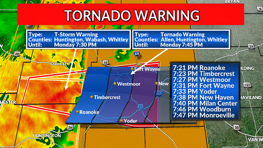 wanewx's tweet photo. 7:20 PM -- TORNADO Warned cell is moving into Allen Co, IN. Arrival times are shared below. #15Fury 

SEEK SHELTER IMMEDIATELY!! https://t.co/GxobruM2Gp