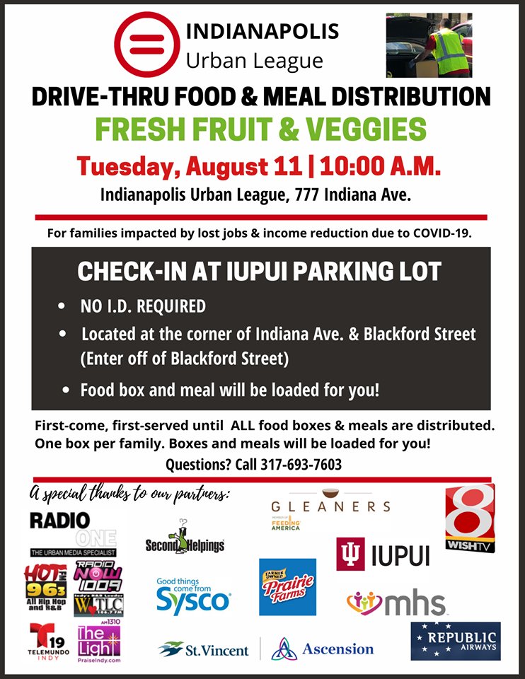 iulexchange's tweet image. Food drive-thru continues Tuesday @indplsul
