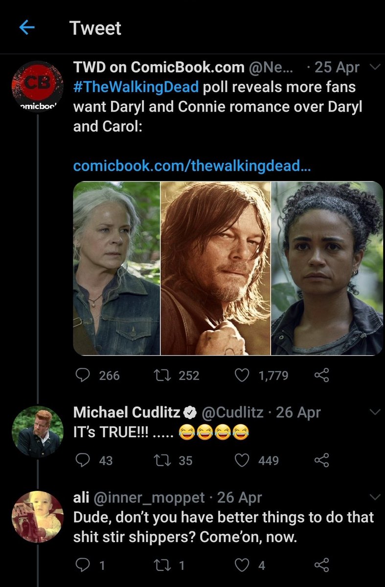 Let's start with Caryler's attacking the actors over shipping nonsense  it's funny that they pretend to be advocates for letting people ship what they want unless it's Daryl with Connie of course. She says he may cause attacks against the cast while she doing exactly that 