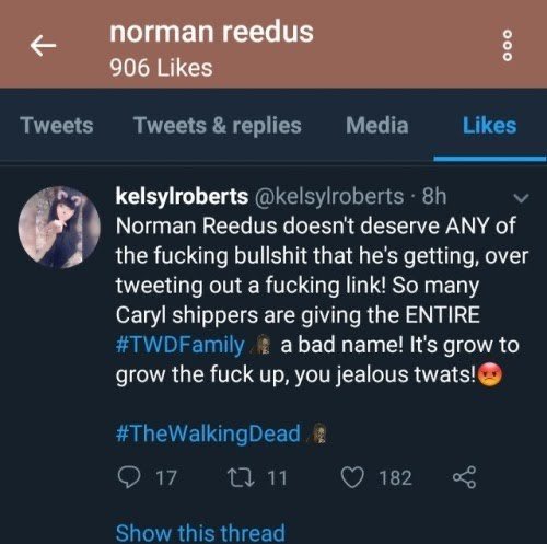 Norman also gets a lot of hate if he post about any other ship other than Caryl. So much so that he liked a tweet calling them out, I mean from the way they attack him, his child, and girlfriend who can blame him .