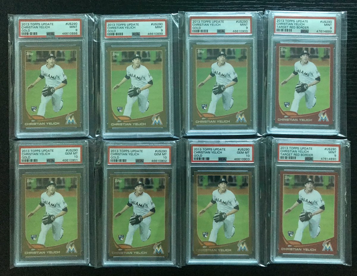 CardsKirbyd's tweet photo. Yelich haul back from PSA today!
24 Base Gems
3 Gold 9s
3 Gold Gems
2 Target Red 9s https://t.co/qRUTrAWgkv