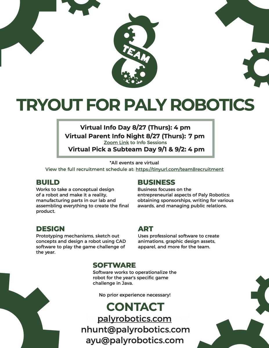 Paly Robotics is holding a completely virtual recruitment this year to ensure the safety for all team members and recruits. Please check out our website (palyrobotics.com/recruitment) for more information about what our team does.