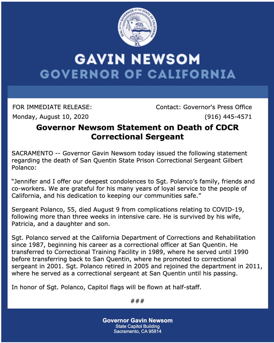 So predictable, yet disappointing. <a href="/GavinNewsom/">Gavin Newsom</a> where is your recognition of the 53 incarcerated people who have died from COVID? And more importantly, when will you take real action to stop the deaths of both incarcerated people and CDCR staff through releasing many more people?