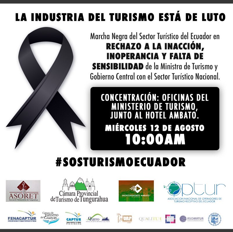 Amigo del sector turístico, este miércoles, Únete a la Marcha Negra  en todo el país.
#SOSTURISMOEC #SOSTURISMO #sosturismoecuador <a href="/fenacapturec/">FENACAPTUR</a> <a href="/capturguayas/">Camara de Turismo</a> @Captur_Azuay <a href="/CAPTURPICHINCHA/">CAPTUR Pichincha</a>