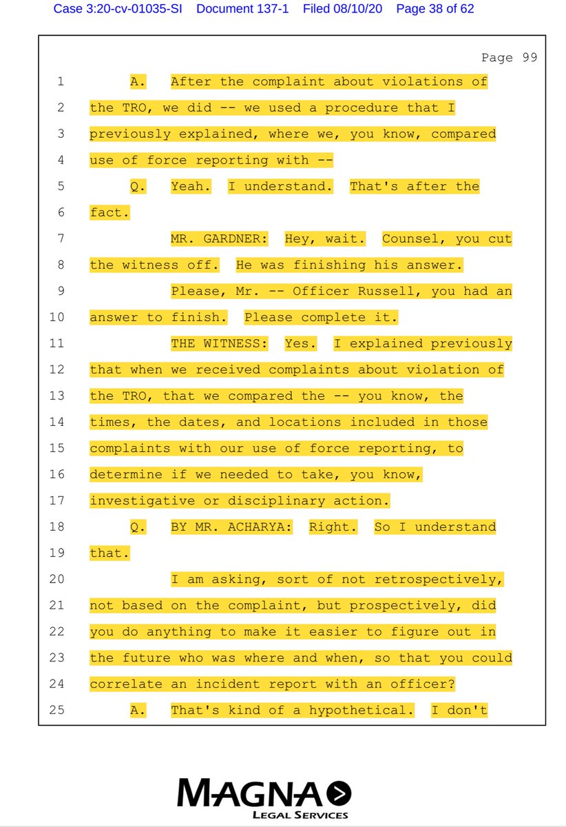 Now let’s look at the deposition transcript - the orange/yellow highlights are NOT mine Praise sweet baby Cheesus - compare Russell’s 7/31 declaration to the Aug 4th Deposition Do you see the numerous deviations? https://ecf.ord.uscourts.gov/doc1/15107635774?caseid=153126