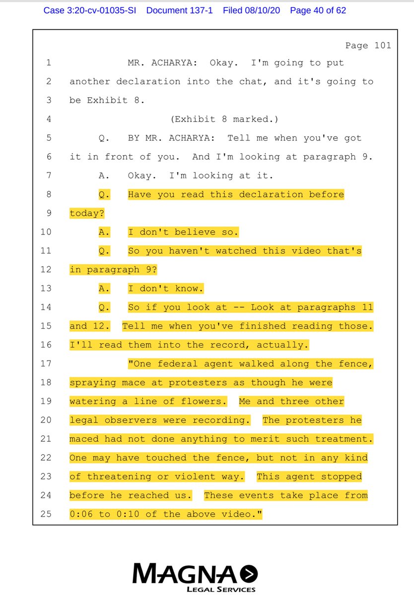 Now let’s look at the deposition transcript - the orange/yellow highlights are NOT mine Praise sweet baby Cheesus - compare Russell’s 7/31 declaration to the Aug 4th Deposition Do you see the numerous deviations? https://ecf.ord.uscourts.gov/doc1/15107635774?caseid=153126