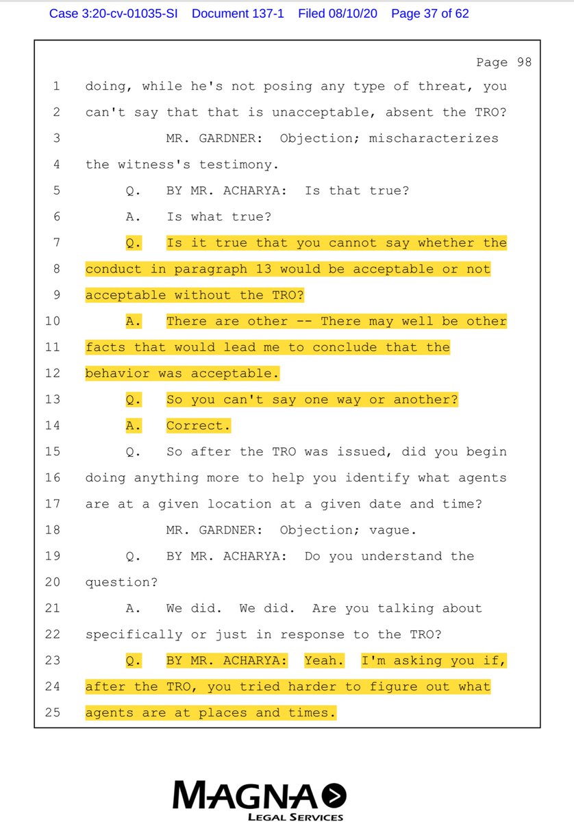 Now let’s look at the deposition transcript - the orange/yellow highlights are NOT mine Praise sweet baby Cheesus - compare Russell’s 7/31 declaration to the Aug 4th Deposition Do you see the numerous deviations? https://ecf.ord.uscourts.gov/doc1/15107635774?caseid=153126