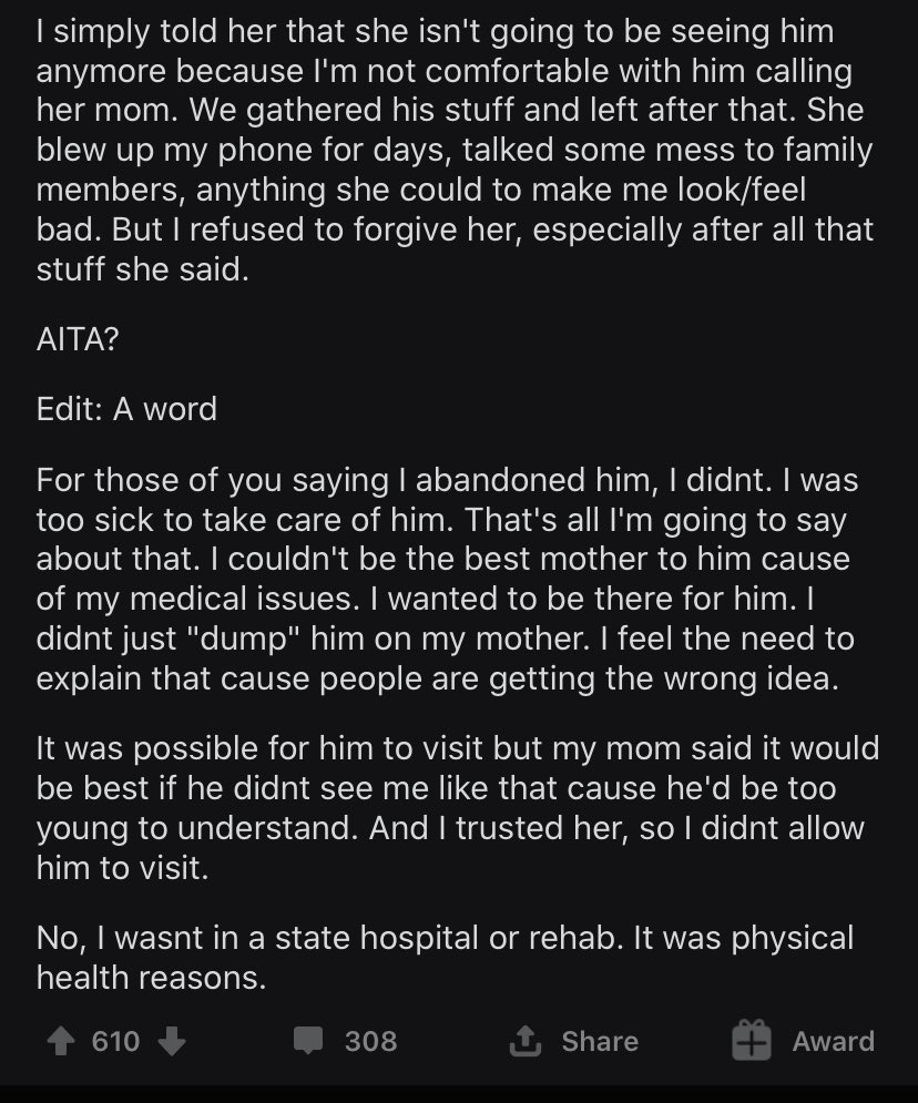 JustNoMIL1's tweet photo. An interesting one: AITA for prohibiting my mom from seeing my child after she tricked in into thinking she’s his mom? https://t.co/ebDOVgHhF6 https://t.co/bIZ5UTsDjJ