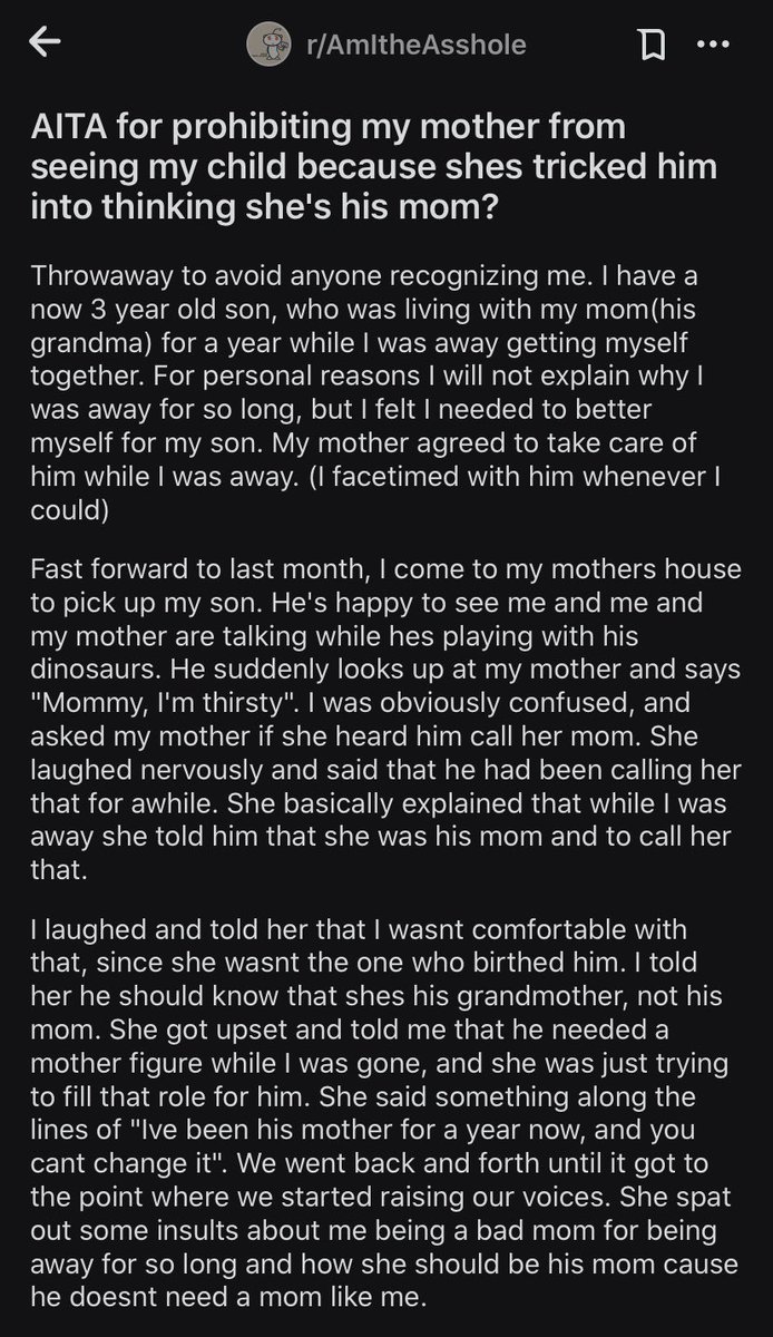 JustNoMIL1's tweet photo. An interesting one: AITA for prohibiting my mom from seeing my child after she tricked in into thinking she’s his mom? https://t.co/ebDOVgHhF6 https://t.co/bIZ5UTsDjJ
