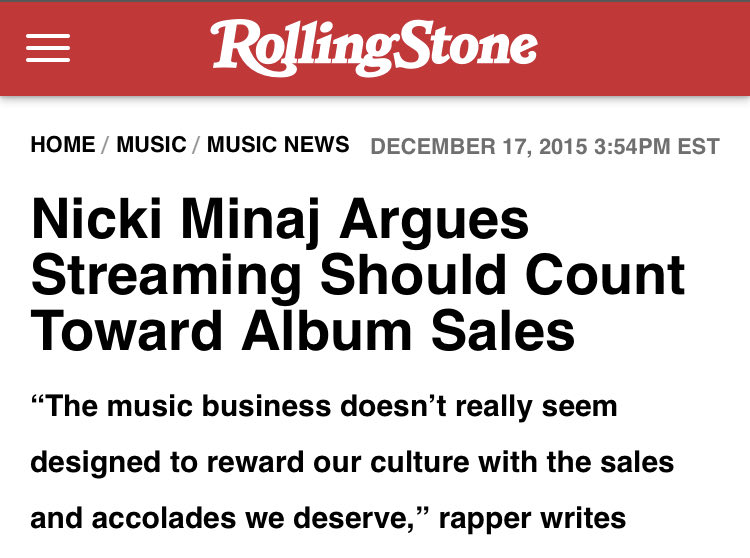 -Years ago Nicki went to court & fought for streaming rights so it can count as sales towards Billboard. This important decision was for artists to make a profit on their own music. Streaming platforms like Apple Music, Spotify etc. were making MILLIONS off of artist music.
