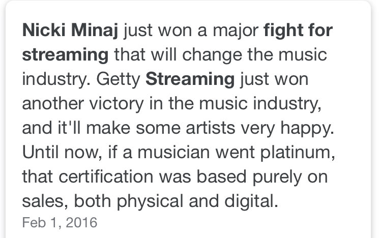 - Nicki ended up winning a major fight for streaming in court & it changed the whole music industry. Executives behind the scenes didn’t like this decision bc they lost out on millions; so I’m assuming someone very powerful started plotting early on to sabotage her career.